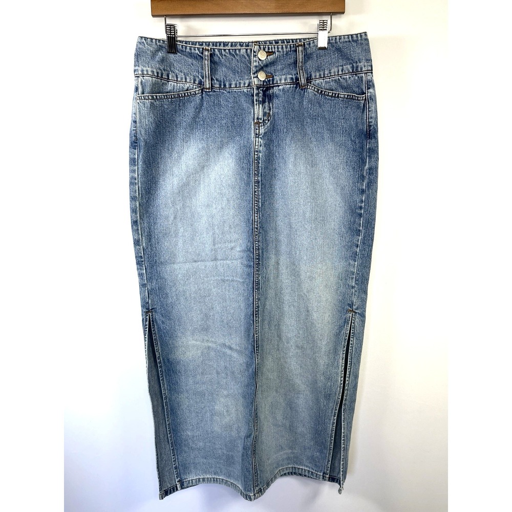 VTG Y2K Womens Paris Blues Denim Maxi Skirt Size 11 Blue Boho Cowgirl Festival - Picture 2 of 10
